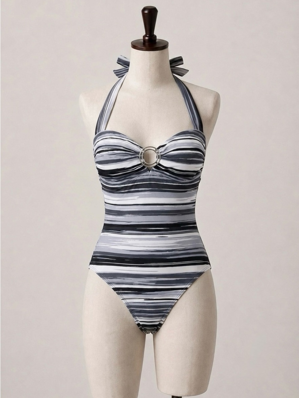 Seafolly Black/Blue & White Striped Halter One-Piece Swimsuit
